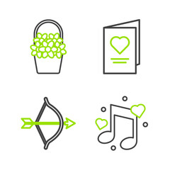 Set line Music note, tone with hearts, Bow and arrow, Valentines day party flyer and Flowers basket icon. Vector