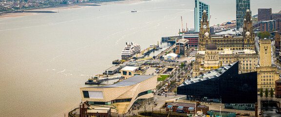 Aerial view of a Liverpool Waterfront, a lively cultural hub on the River Mersey, England