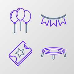 Set line Jumping trampoline, Ticket, Carnival garland with flags and Balloons ribbon icon. Vector