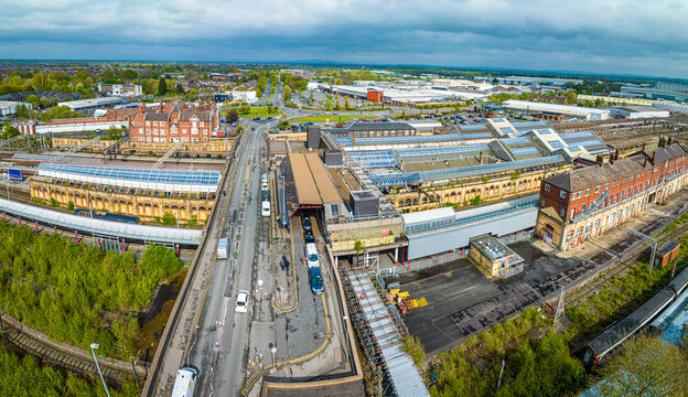 Aerial view of the town of Crewe, a railway town and civil parish in the unitary authority of Cheshire East in Cheshire, England