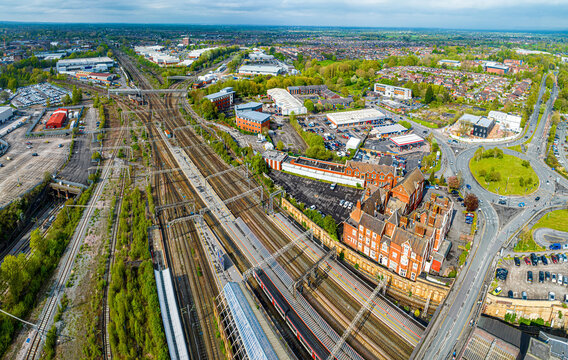 Aerial view of the town of Crewe, a railway town and civil parish in the unitary authority of Cheshire East in Cheshire, England