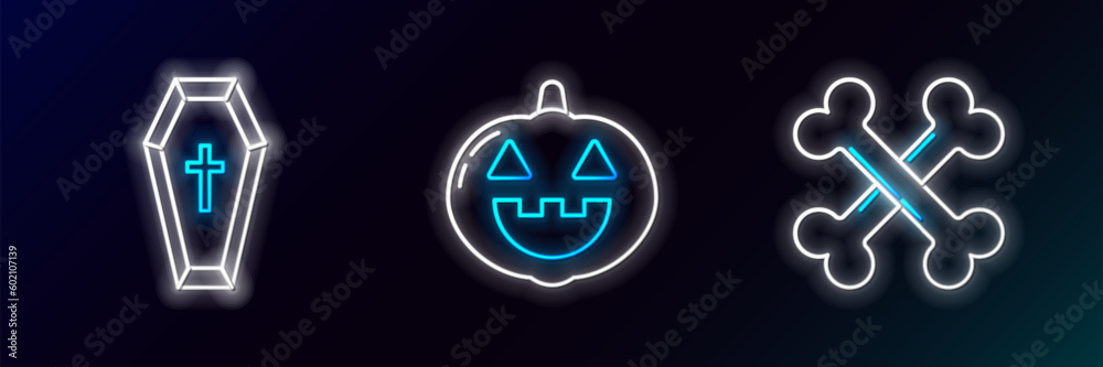 Sticker Set line Crossed bones, Coffin with christian cross and Pumpkin icon. Glowing neon. Vector