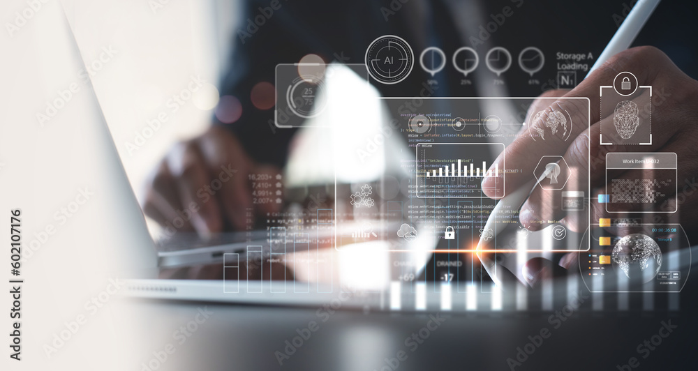 Wall mural business intelligence, data analysis technology concept. businessman using digital tablet programmin