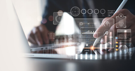 Business Intelligence, Data analysis technology concept. Businessman using digital tablet programming with AI modern computer dashboard and big data, global network, business plan and strategy