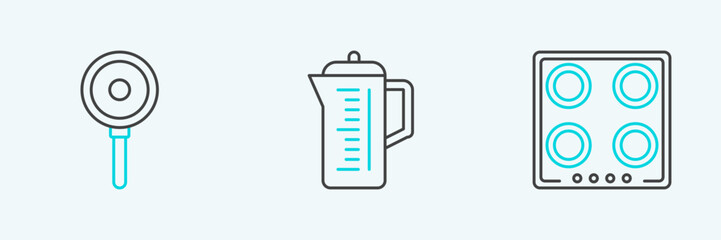 Set line Gas stove, Frying pan and Teapot icon. Vector