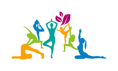 Silhouettes of slim girl practicing yoga stretching exercises. Shapes of woman doing yoga fitness workout. Set of yoga positions