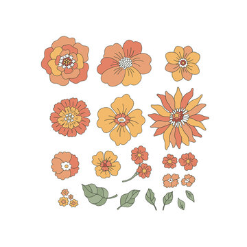 Groovy autumn flowers vector clip-art set isolated on white. Retro hippie fall florals hand drawn illustration collection. Happy Thanksgiving Day design elements