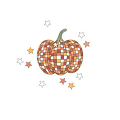 Retro groovy disco pumpkin vector illustration. Happy Thanksgiving Day poster print design.