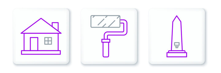 Set line Washington monument, House and Paint roller brush icon. Vector