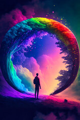 Fototapeta premium Rainbow landscape, colorful, fantasy. Generative AI