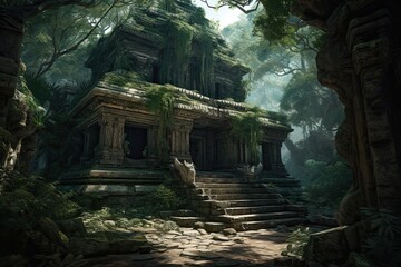 An Ancient Stone Library Lost in the Overgrown Jungle: A Fantasy Concept Art Digital Illustration. Generative AI