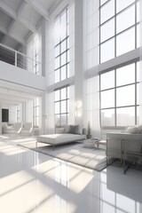 Luxurious Modern Design: An Elegant White Marble Loft Interior with Huge Windows and Sunlight. Generative AI