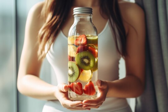 healthy food. woman with fruit water in glass bottle. Generative AI