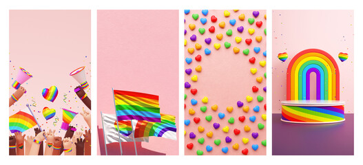 PRIDE month social media stories, posts or ads collection. Vertical background templates for LGBTQIA+ love celebration in 3D illustration