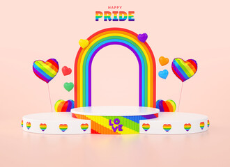 PRIDE Day stand background with hearts, balloons and big rainbow for product display and LGBTQIA+ month celebration in 3D illustration