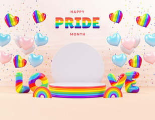 PRIDE month podium background with heart balloons, rainbows and festive stuff for product display and LGBTQIA+ celebration in 3D illustration