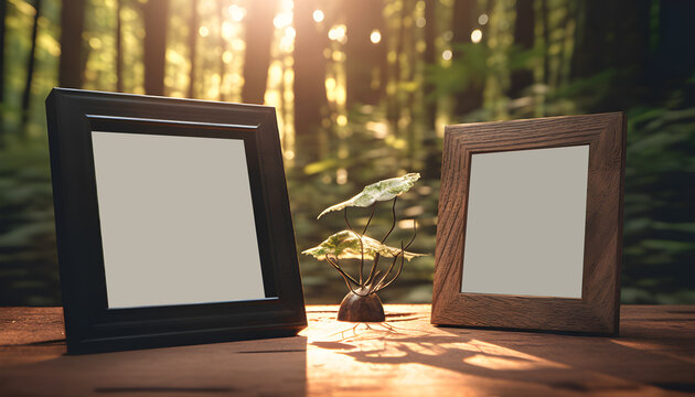 Blank photo frames on wooden table in the forest with sunlight. Generative AI