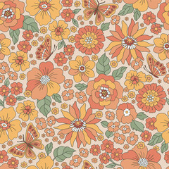 Groovy autumn flowers vector seamless pattern. Retro hippie fall florals background. Autumn garden surface design for textile, scrapbook, card making 