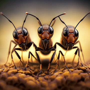 dramatic portrait of three majestic worker ants - generative ai image