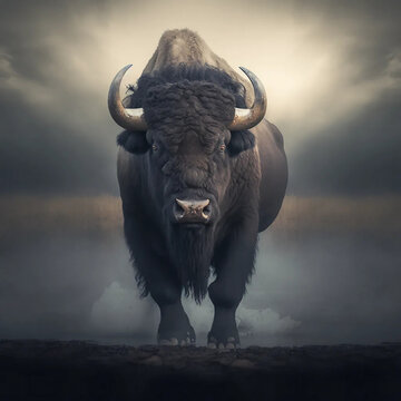 dramatic portrait of a majestic buffalo - generative ai image
