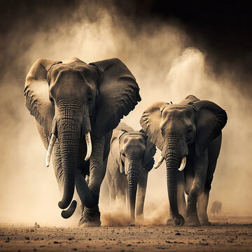 dramatic portrait of a herd of majestic elephants - generative ai image