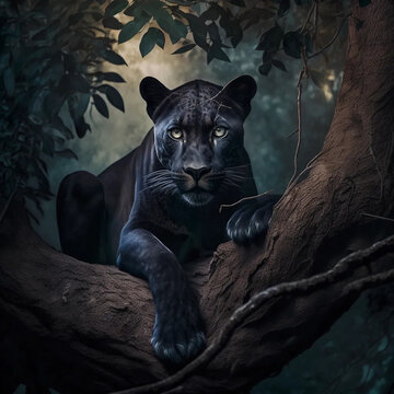 dramatic portrait of a majestic black panther - generative ai image