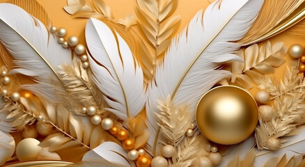 Golden Feathered Bliss, 3D Illustration Wallpaper for Home Decor, generative Ai