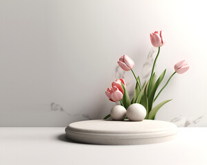 Beautiful tulips flowers around a marble granite podium stage platform and natural shadow. With copy text space. Mock up template for product presentation. 3D rendering