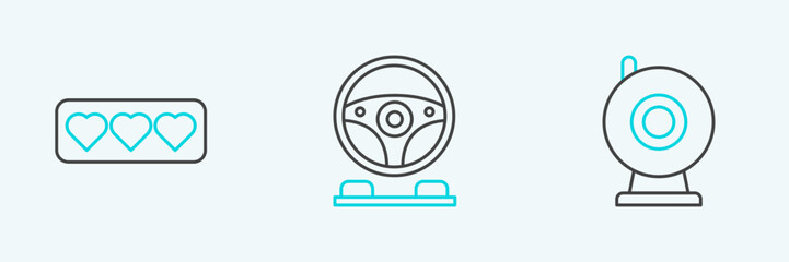 Set line Web camera, Like and heart and Racing simulator cockpit icon. Vector