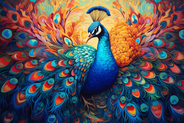 Colorful peacock mural background, generative Ai - obrazy, fototapety, plakaty