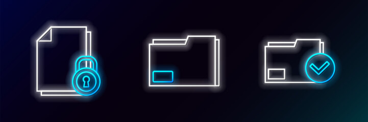Set line Document folder and check mark, lock and icon. Glowing neon. Vector