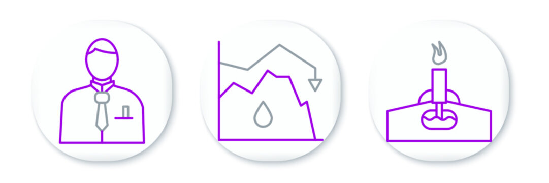 Set Line Oil Rig With Fire, Businessman Or Stock Market Trader And Drop Crude Oil Price Icon. Vector