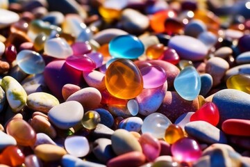 Fototapeta na wymiar Many beautiful multicolored stones like glass are spread all over the beach. Generative AI