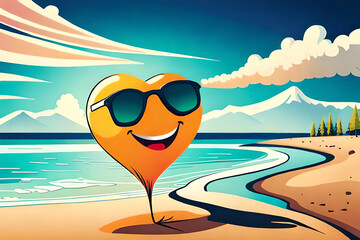 a smiling sun or a heart-shaped sun, with warm, bright colors and playful details like sunglasses or a smiley face