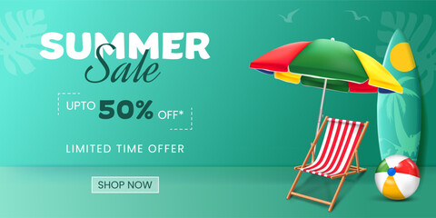 summer sale banner with summer beach elements illustration