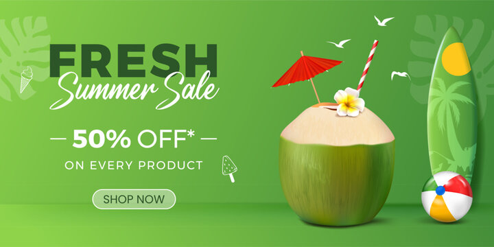fresh summer sale banner design with coconut water illustration