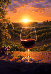A glass of wine among the grape bushes in the rays of the setting sun.