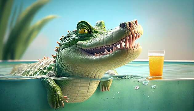 Happy Crocodile having fun at summer holidays in a swimming pool  Ai generated image