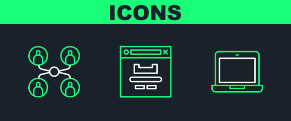Set line Laptop, Online class and Browser window icon. Vector