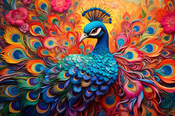 Vibrant Peacock Mural for Bold and Colorful Interiors, generative Ai