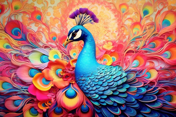 Fototapeta premium Vibrant Peacock Mural for an Artistic Touch, generative Ai
