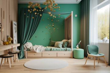 Modern minimalistic interior of the childrens room, green, white and golden colors. Super photo realistic background, generative ai illustration.