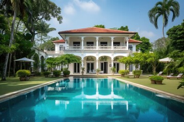 Fototapeta na wymiar Luxurious Living of a Sprawling Mansion with a Pristine Pool