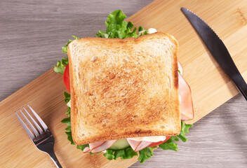 Delicious ham sandwich with fresh salad and pickle served on wooden board.