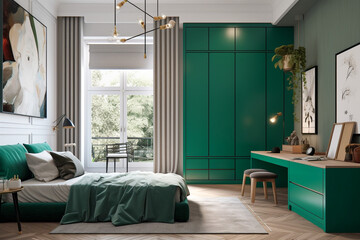 Modern minimalistic interior of the childrens room, green, white and golden colors. Super photo realistic background, generative ai illustration.