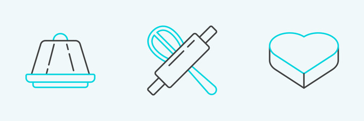 Set line Candy in heart shaped box, Pudding custard and Kitchen whisk rolling pin icon. Vector