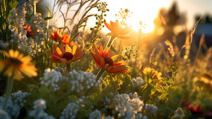 Naklejka na ściany i meble Beautiful wildflowers on a green meadow. Warm summer evening