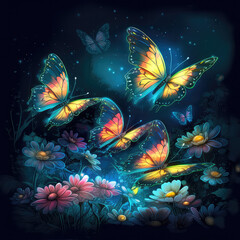Fototapeta na wymiar Papillon et fleurs dans l'obscurité