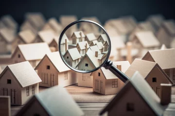 Deurstickers Searching new house for purchase. Rental housing market. Magnifying glass near residential building. Created with Generative AI © Lazy_Bear