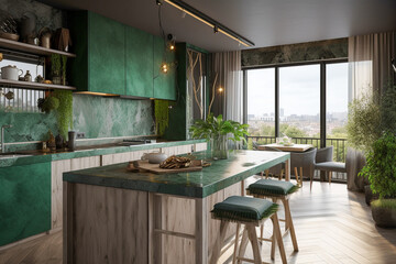 Modern minimalistic interior of the kitchen, green, white and golden colors. Super photo realistic background, generative ai illustration.